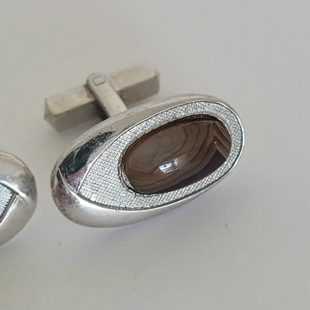 Silver Brown Tone Cufflinks Vintage Oval Retro Agate Unbranded Quality